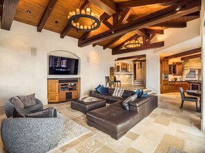 Smart TV, fireplace, music library, video library