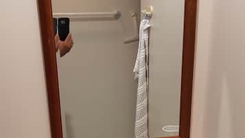 Combined shower/tub, free toiletries, hair dryer, towels