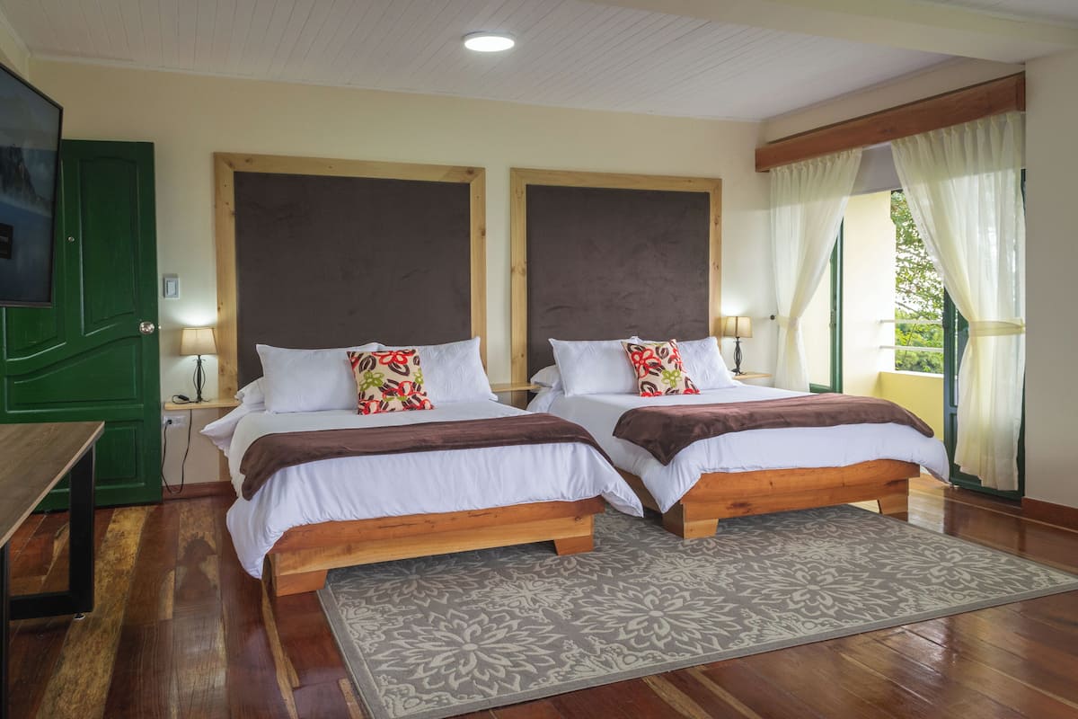 A room with two wooden beds, white bedding, patterned pillows, a wooden nightstand, a green door, and a window with curtains.