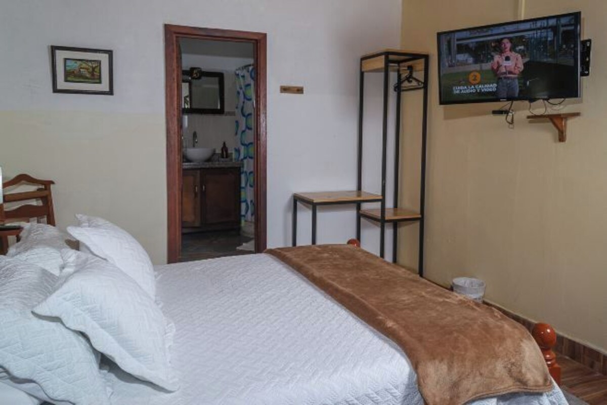 A bedroom with a bed, a TV, a wooden chair, a small table, and a mirror.
