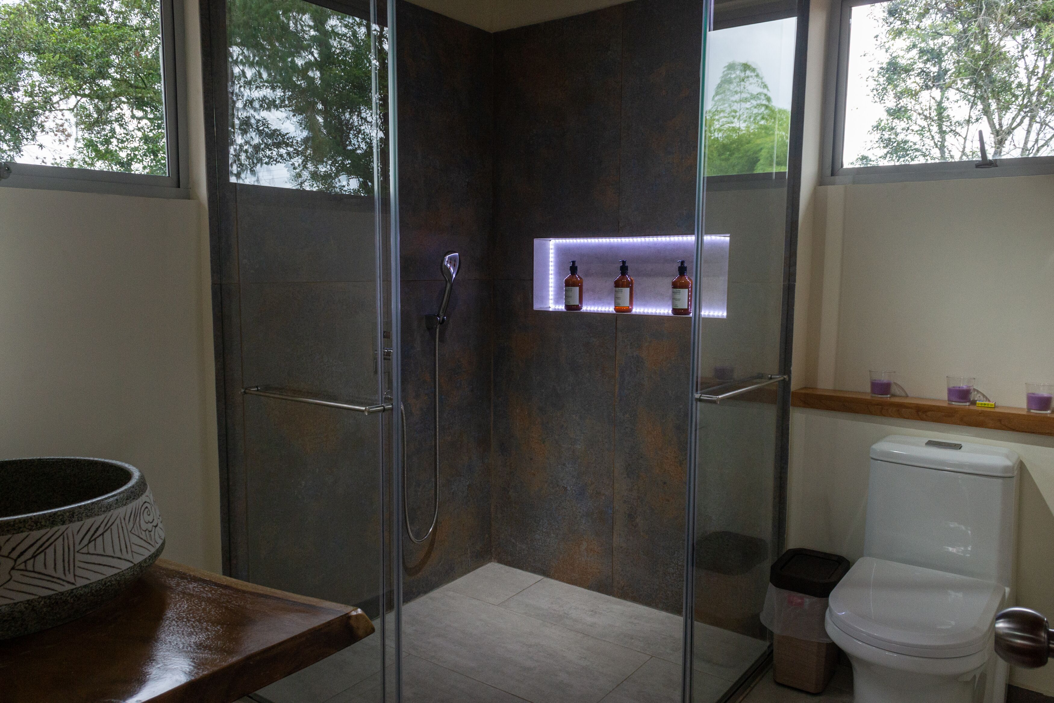 Ein modernes Badezimmer mit einer Duschkabine, einer Toilette und einem Ablagefach für Pflegeprodukte.