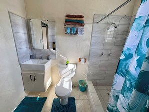 A bathroom with a toilet, sink, mirror, and shower. There are towels and a small plant on the wall. - Comfy 2- bedroom apartment on Barbados' South Coast, near beach and attractions! (Oistins)