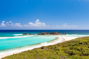 Ein Strand mit klarem türkisblauem Wasser, Felsen und üppiger Vegetation.