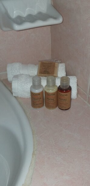 Estudio básico, 1 cama matrimonial | Amenidades de baño | Regadera, toallas, jabón, shampoo 