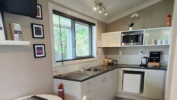 Fridge, microwave, stovetop, electric kettle