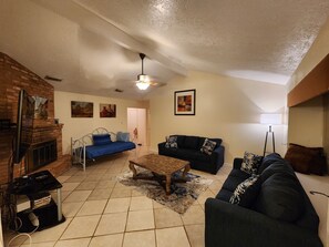 TV, fireplace, video games, DVD player