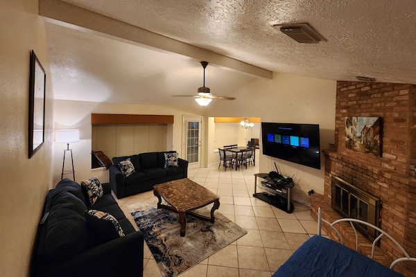 TV, fireplace, video games, DVD player