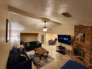 TV, fireplace, video games, DVD player