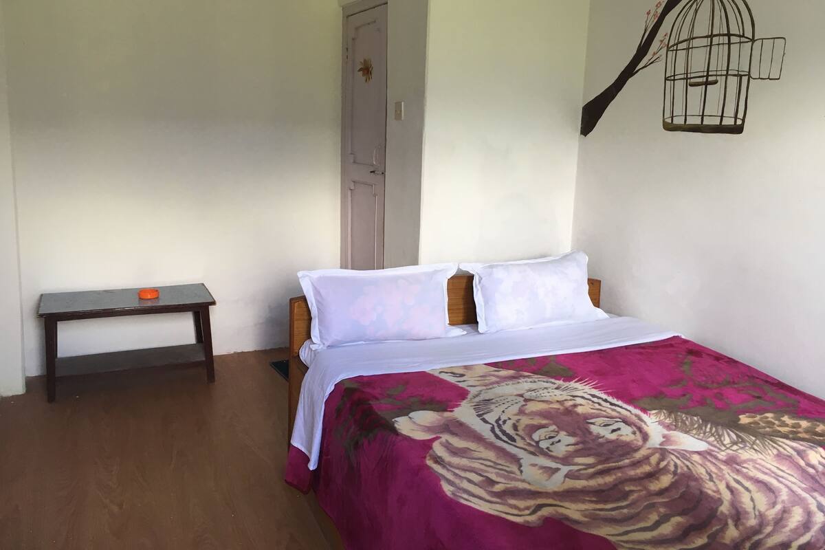 Un dormitorio con una cama, una mesita de noche y una jaula de pájaros colgada en la pared.