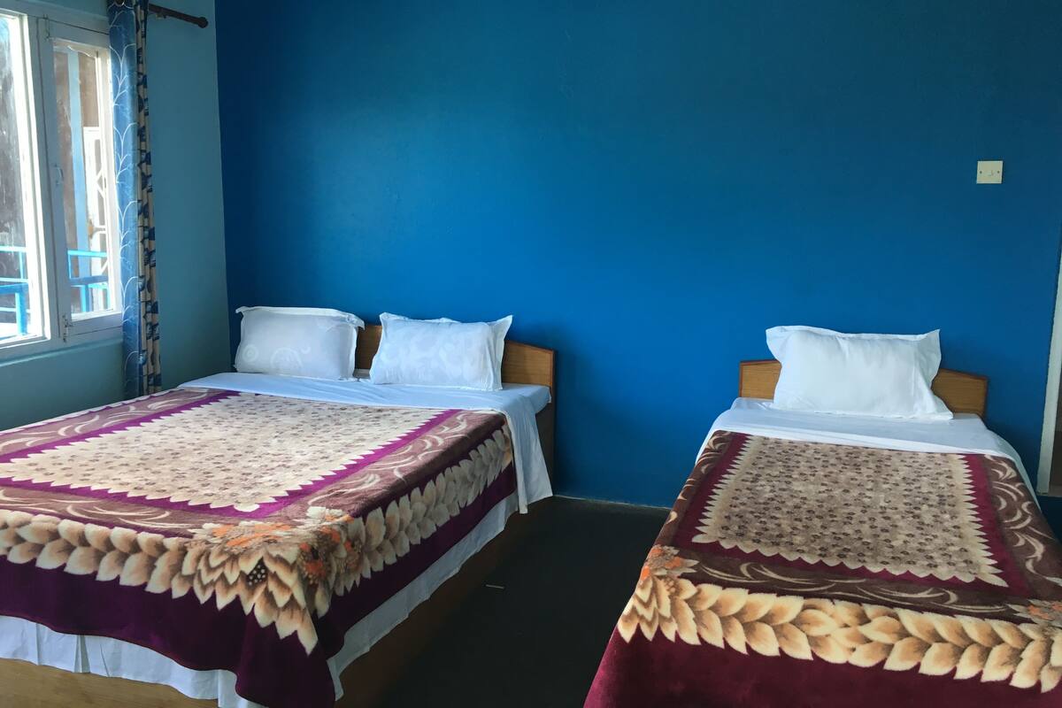 Dos camas individuales con ropa blanca y cabeceras decorativas en una habitación con paredes azules.