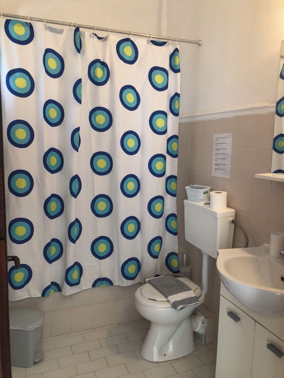 Ein Badezimmer mit Toilette, Waschbecken und einer Duschvorhang mit einem kreisförmigen Muster.
