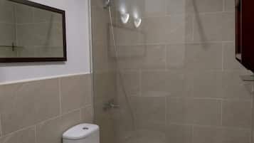 Shower, towels, soap, toilet paper