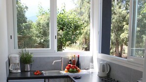 Eine kompakte Küche mit Geschirrspüler, Spüle und Herd. Ein Fenster bietet Blick auf die grüne Umgebung.