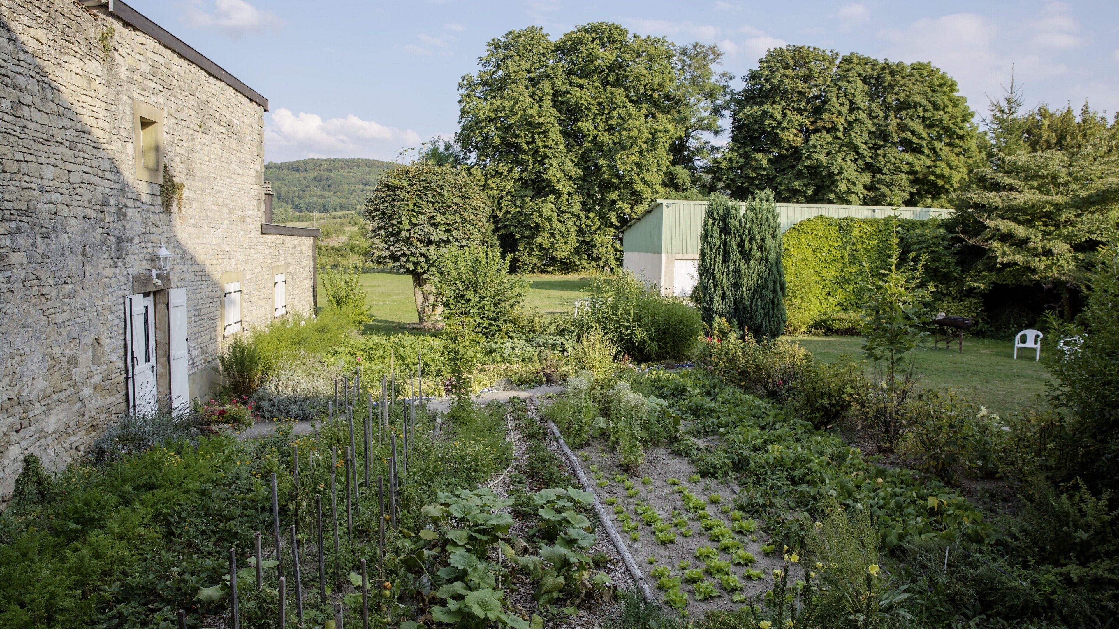 Ein rustikales Steinhaus mit Garten, umgeben von Bäumen und einem grünen Feld.