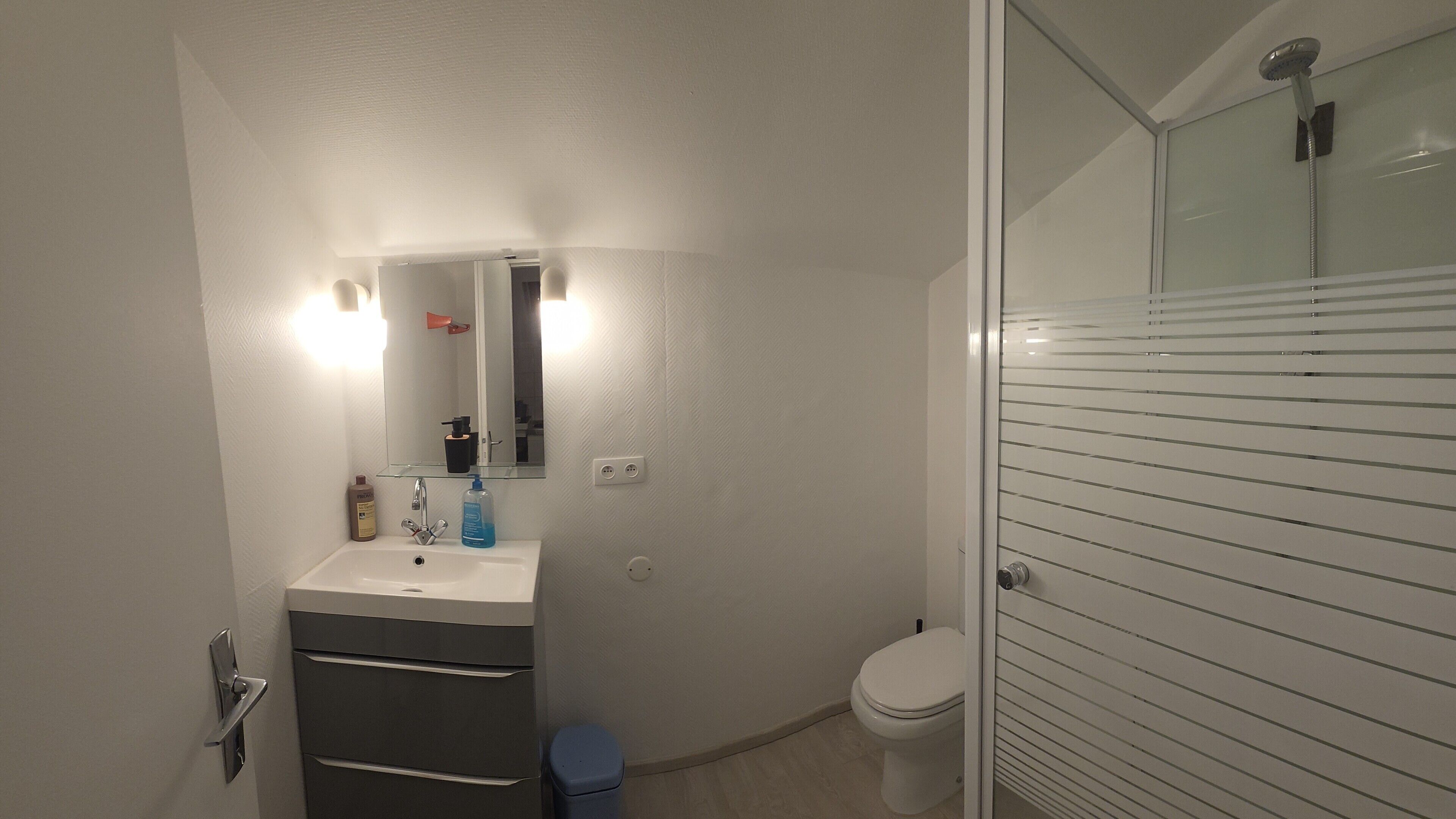 Un baño con lavamanos, espejo e inodoro.
