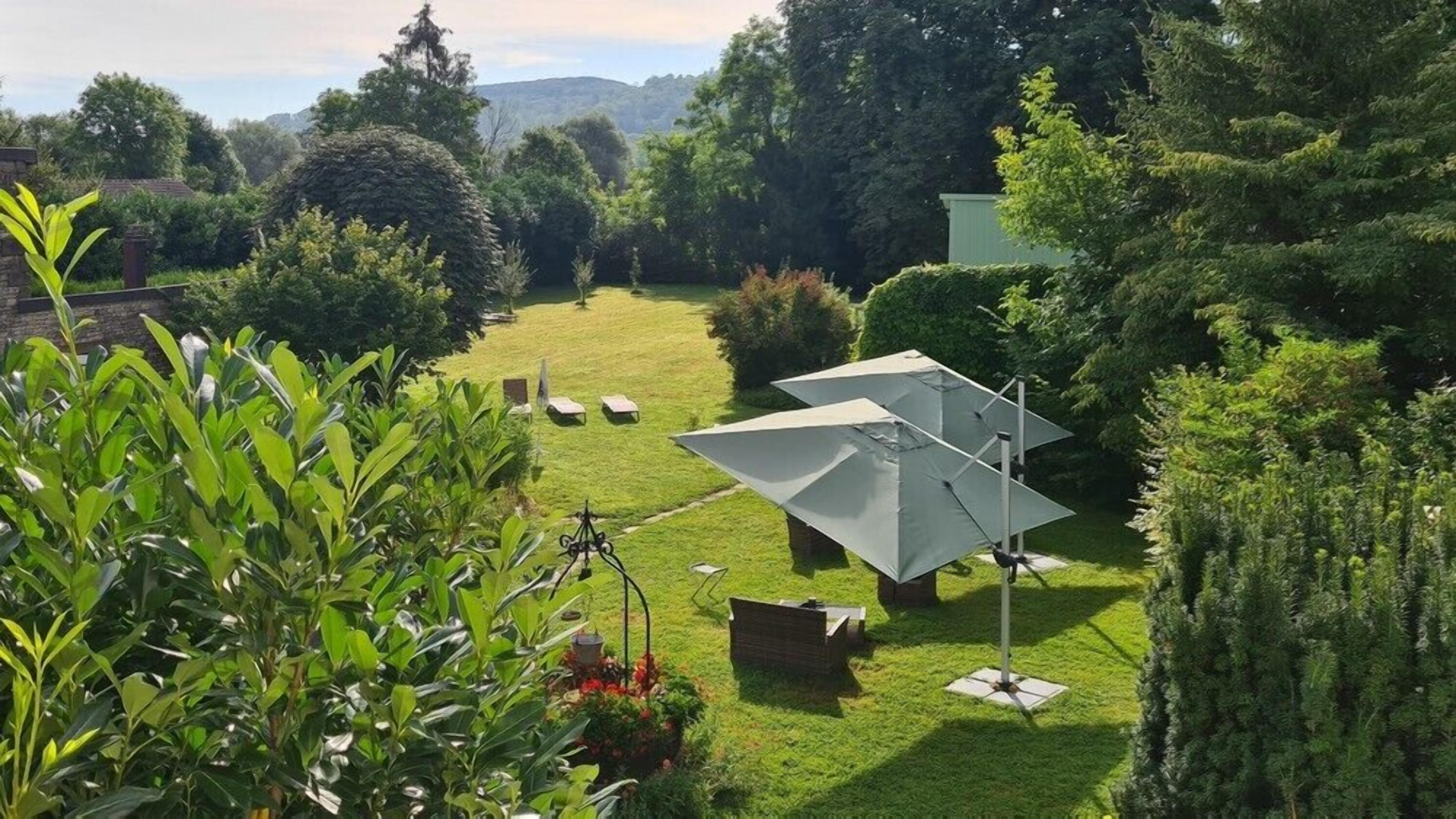 Een verzorgde tuin met gazon, een prieel en verschillende bomen en struiken.