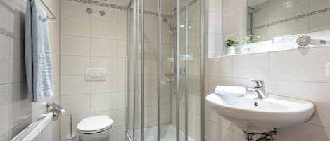 A modern bathroom with a glass shower enclosure, a white sink, and a toilet.