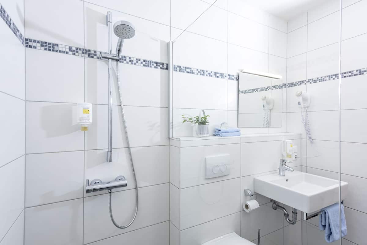 deluxe double room | bathroom | shower, hair dryer, towels, soap