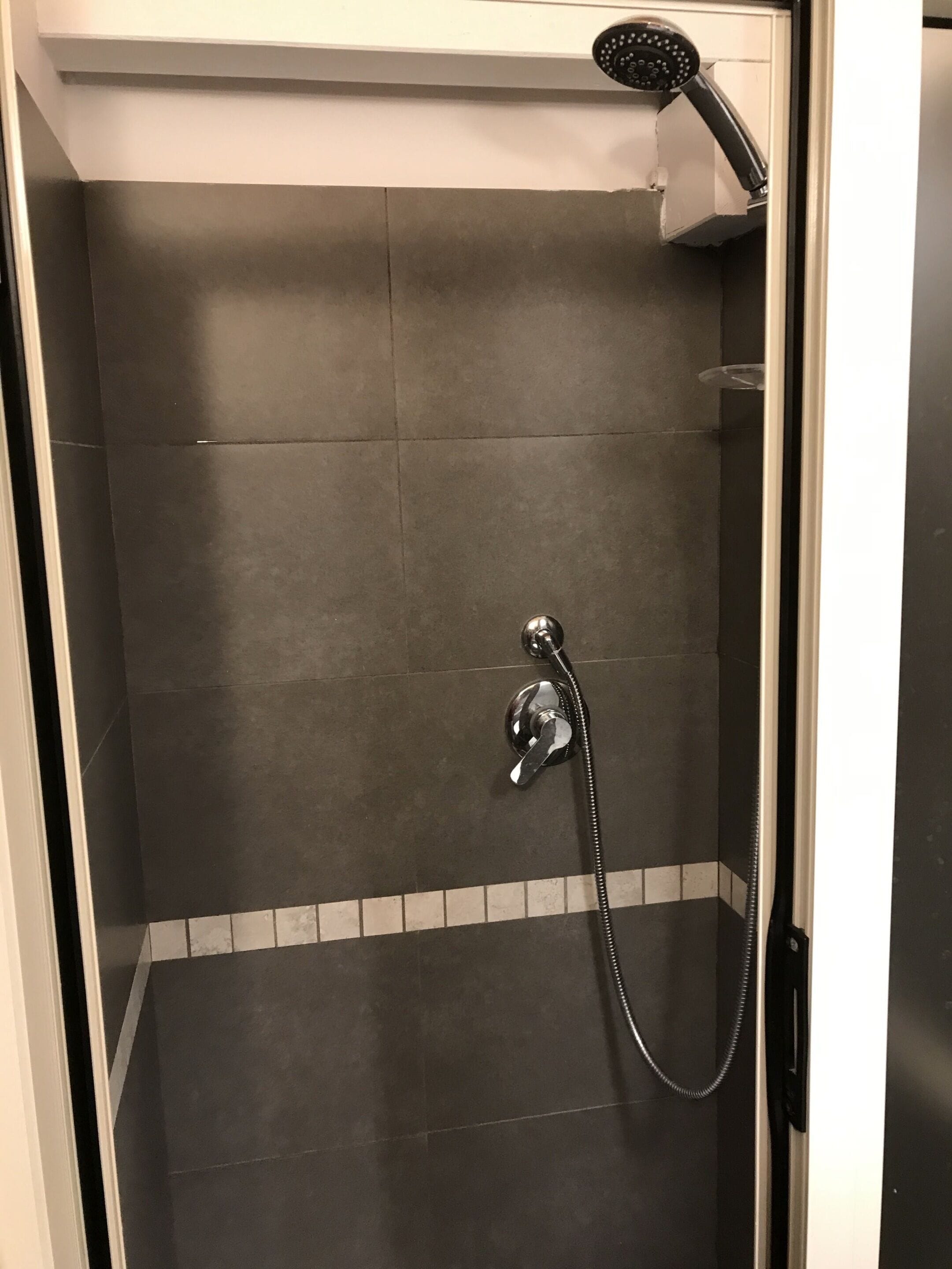 A shower with a handheld showerhead and a handheld hose.