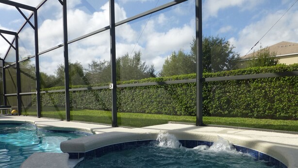 Zona de hidromasaje con vista a una piscina y un seto.