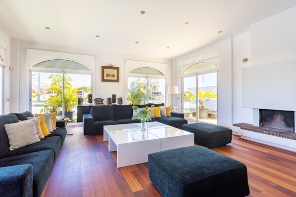 Smart TV, fireplace, video games, DVD player
