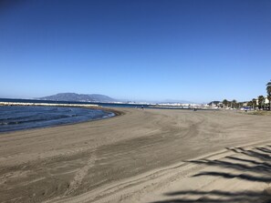 On the beach, sun-loungers
