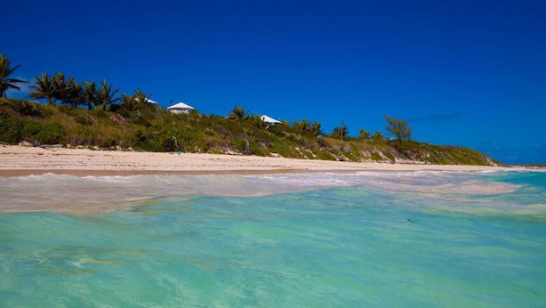 Ein Strand mit klarem türkisblauem Wasser, weißem Sand und grüner Vegetation.