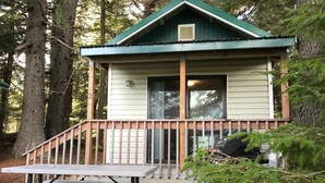 A cabin with a porch, a picnic table, and a grill. - Cabin 3 Lynn View Lodge (Haines)