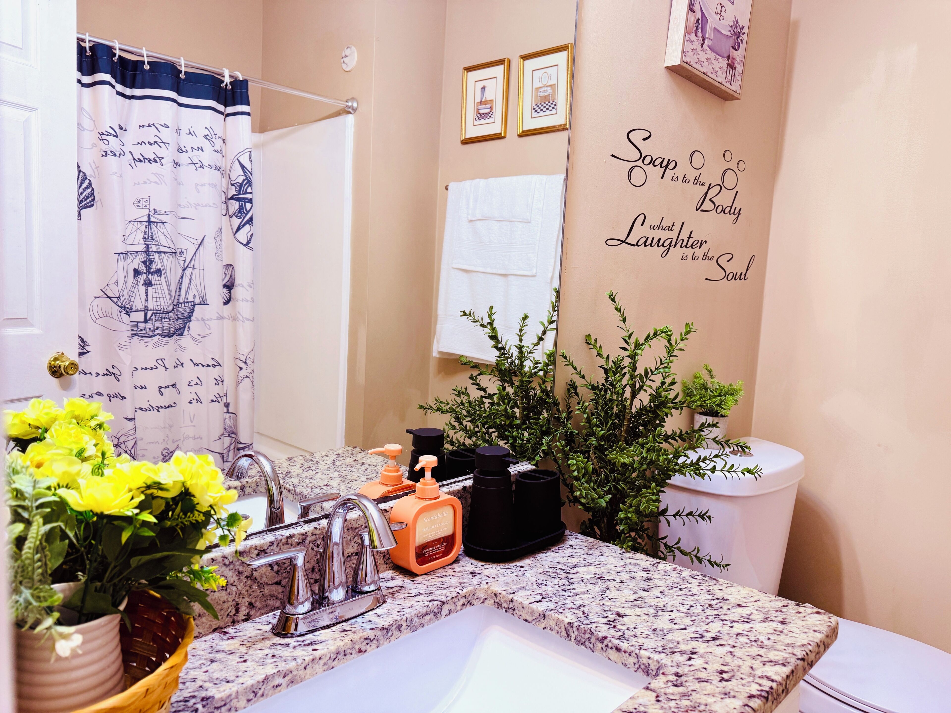 A bathroom with a sink, faucet, and soap dispenser. There are potted plants and a shower curtain with a ship design.