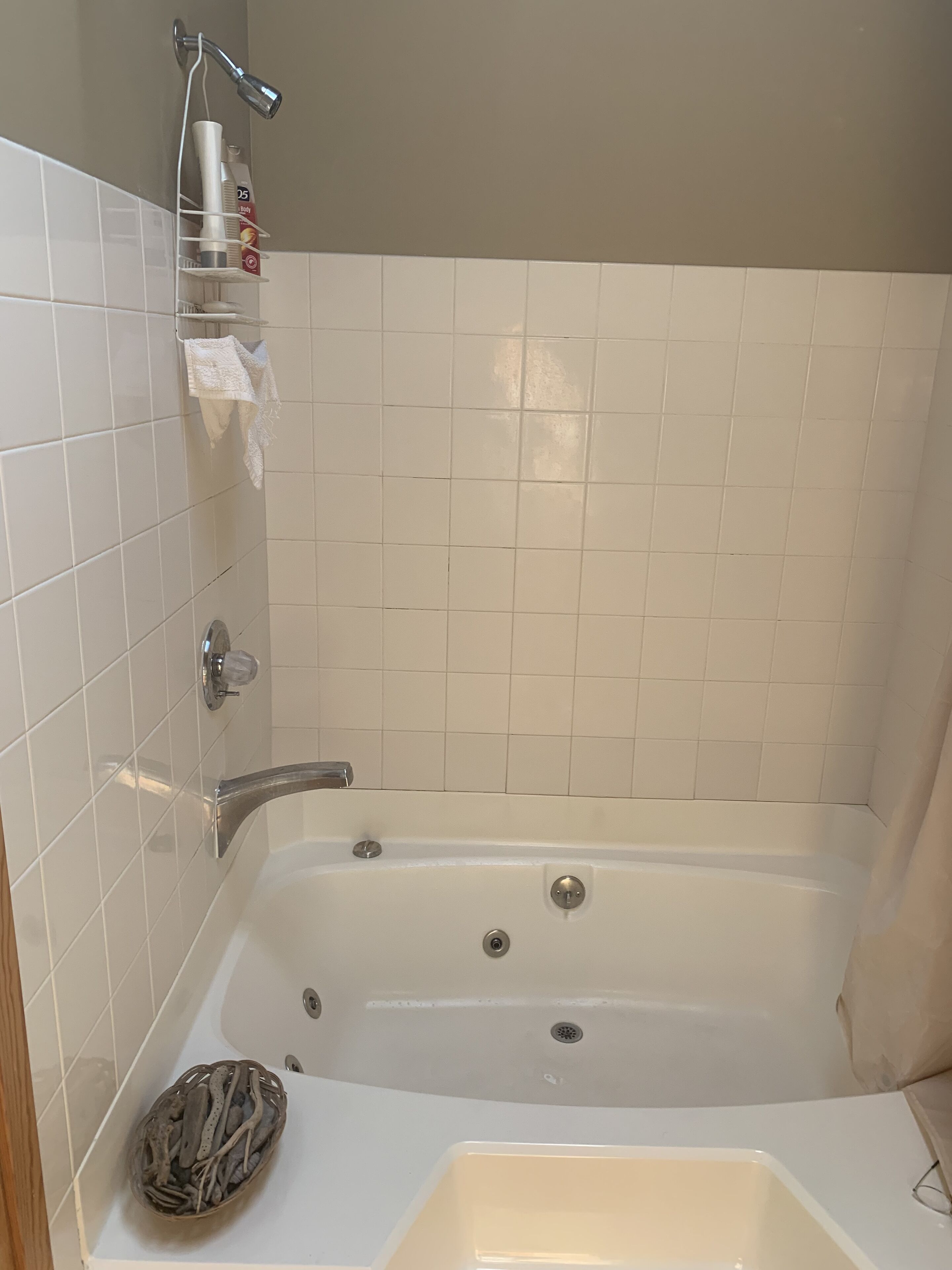 Une salle de bain équipée d’une baignoire, d’une douche et d’une étagère où sont rangés les articles de toilette.