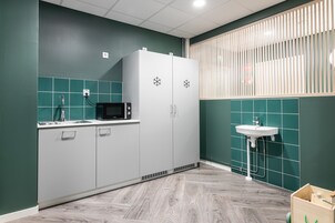 Shared fridge, microwave, coffee/tea maker, electric kettle
