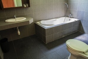 Ensemble douche/baignoire, chaussons, serviettes fournies, savon