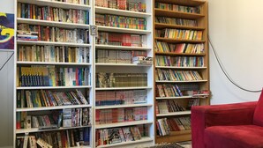 A room with multiple bookshelves filled with books, a red armchair, and a patterned rug. - Shingos Backpackers (Adelaide)