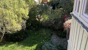 A view of a residential area with houses, a garden, and a stone wall.
