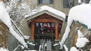 Entrada de hotel con techo cubierto de nieve y banderas.
