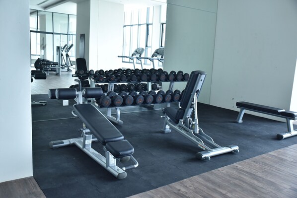 Un gimnasio con diversos equipos de ejercicio, incluyendo mancuernas, bancos y máquinas de pesas.