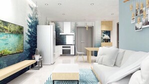 A modern living room with a white sofa, a coffee table, and a dining area with a wooden table and chairs. - Ami Splendid Rivergate Views (Ho Chi Minh City)