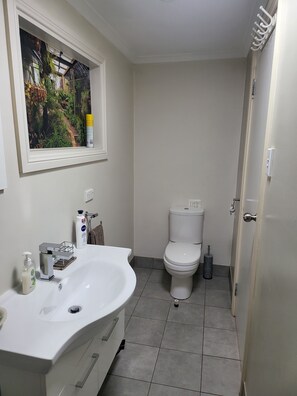 Een douche, een haardroger, handdoeken, zeep