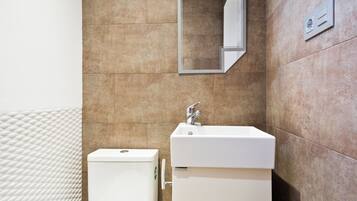 Shower, hair dryer, bidet, towels