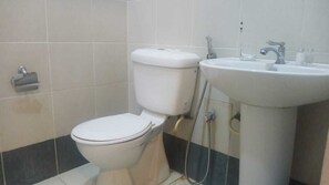 Un bagno con il water, un lavandino e una doccia.