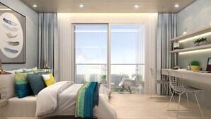 A modern living room with a sofa, a dining area with chairs, a large window, and a city view. - Ami Splendid Luxury Royal (Ho Chi Minh City)