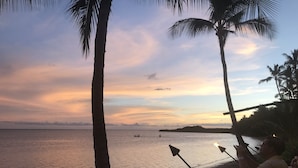 A beach scene with palm trees, a sunset, and a person taking a photo.