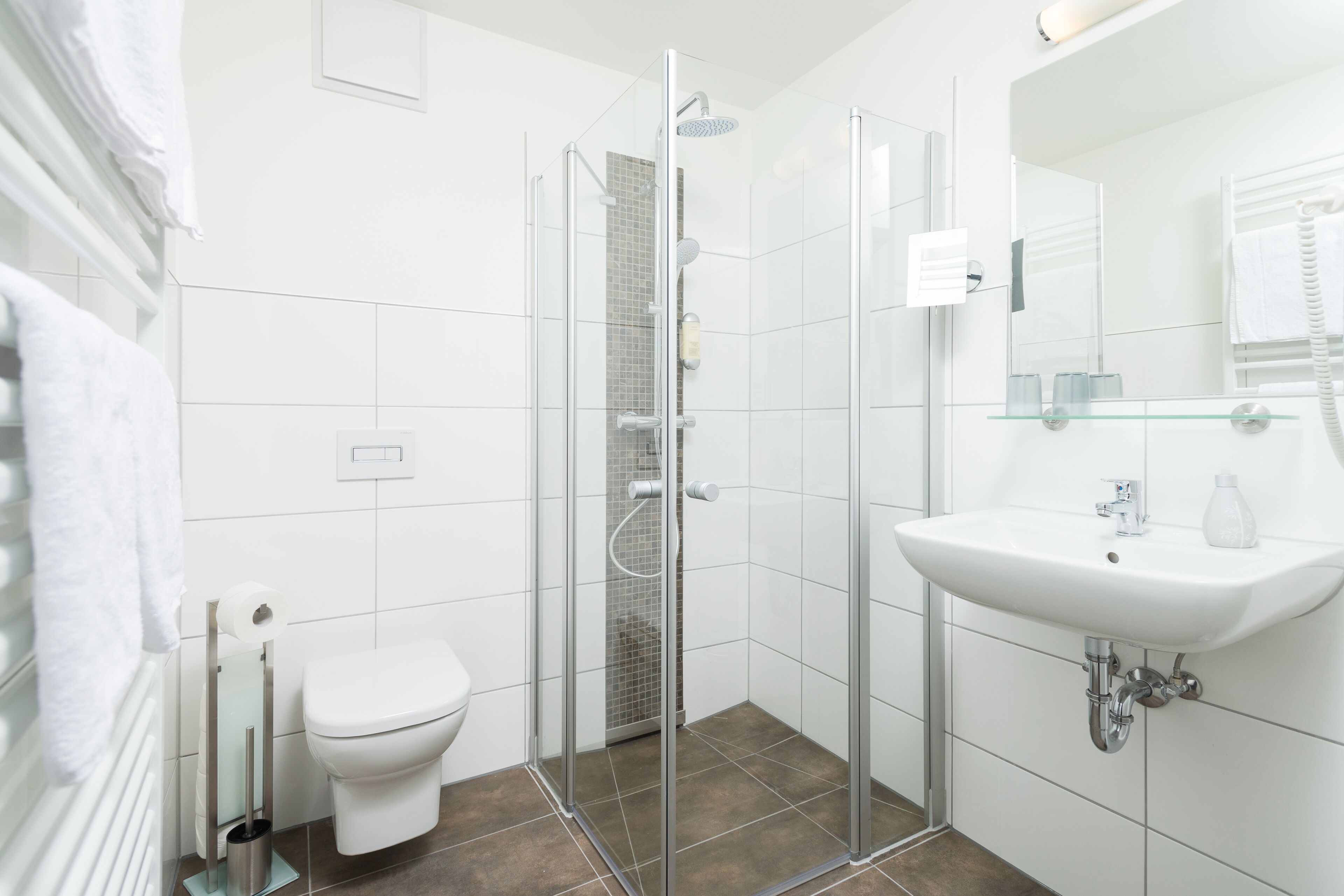 shower, free toiletries, hair dryer, heated floors