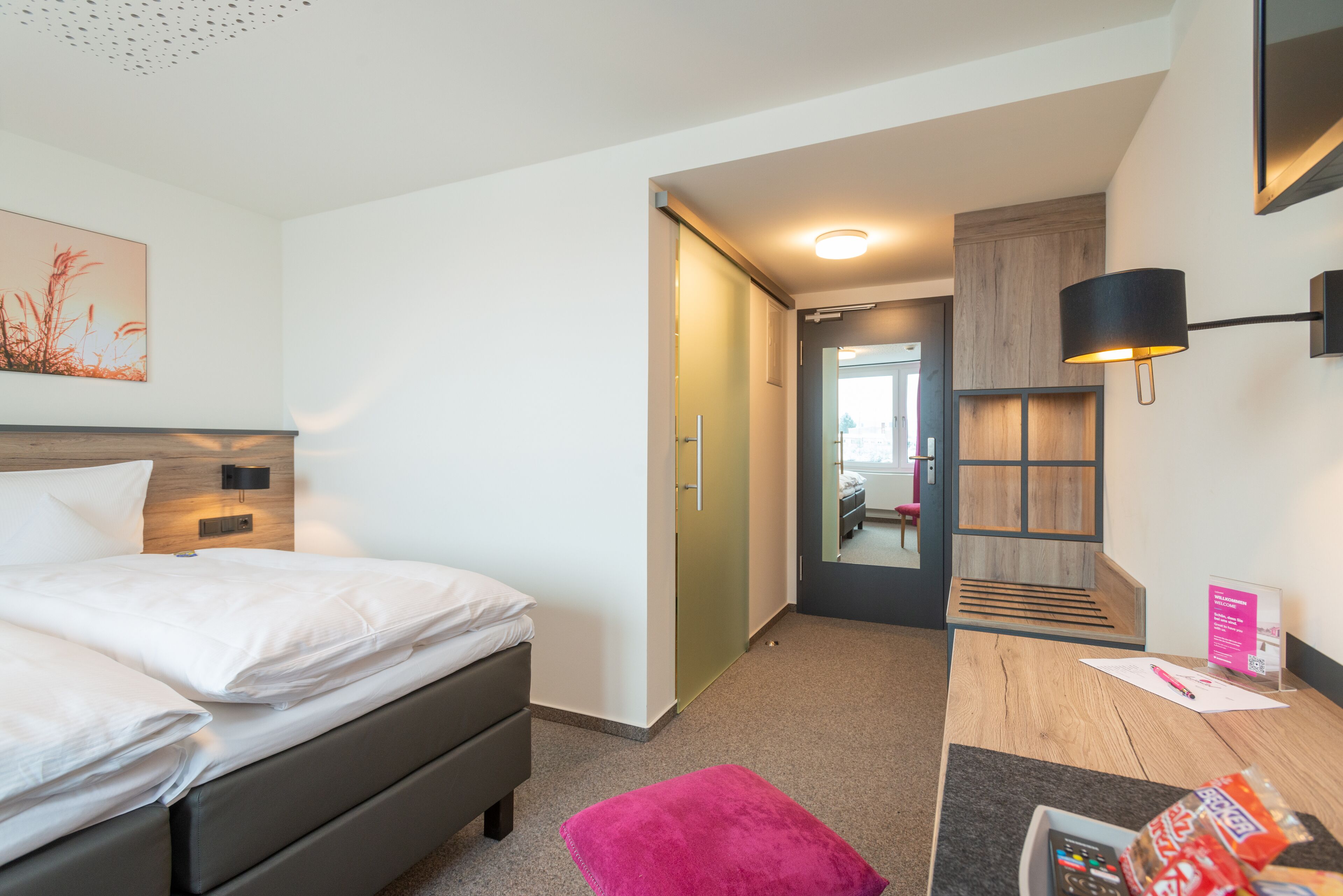 hypo-allergenic bedding, down duvets, desk, laptop workspace