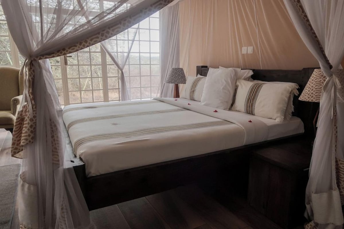 A bed with a canopy, a bedside lamp, and a view through a window.