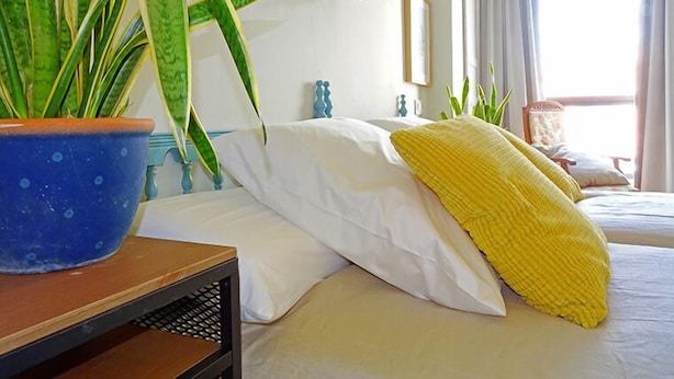 Un dormitorio con cama, planta en maceta, mesita de noche y ventana con cortinas.