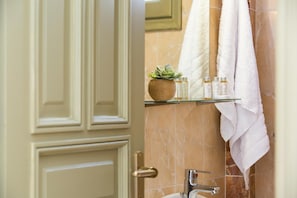 Shower, free toiletries, hair dryer, towels