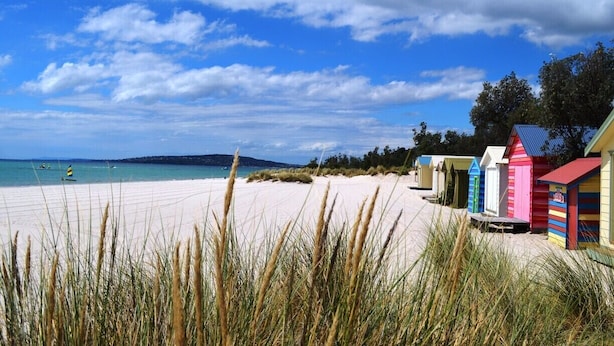 A beach with colorful beach huts and a clear sky. - McCrae beach Villa on Wattle Place, a 5 mins walk to the beach (McCrae)