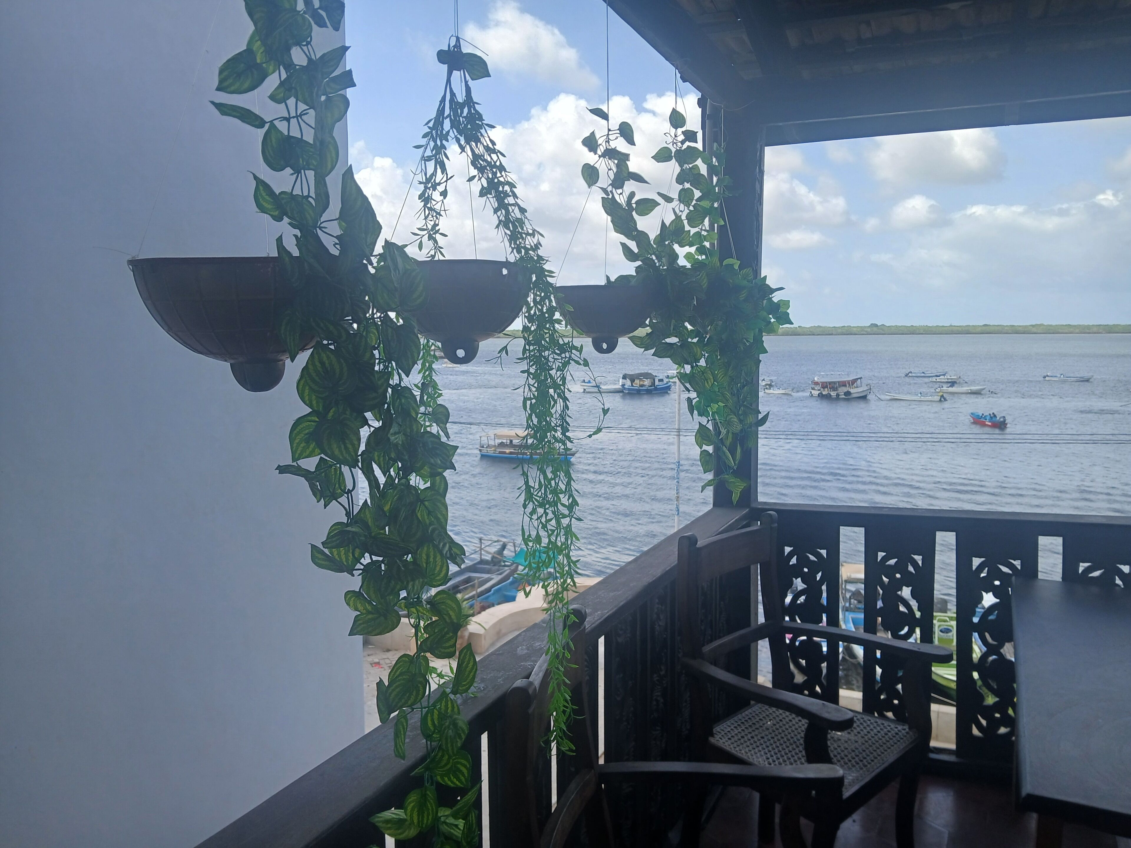 A balcony with hanging plants, a view of the sea, and a wooden table and chairs.