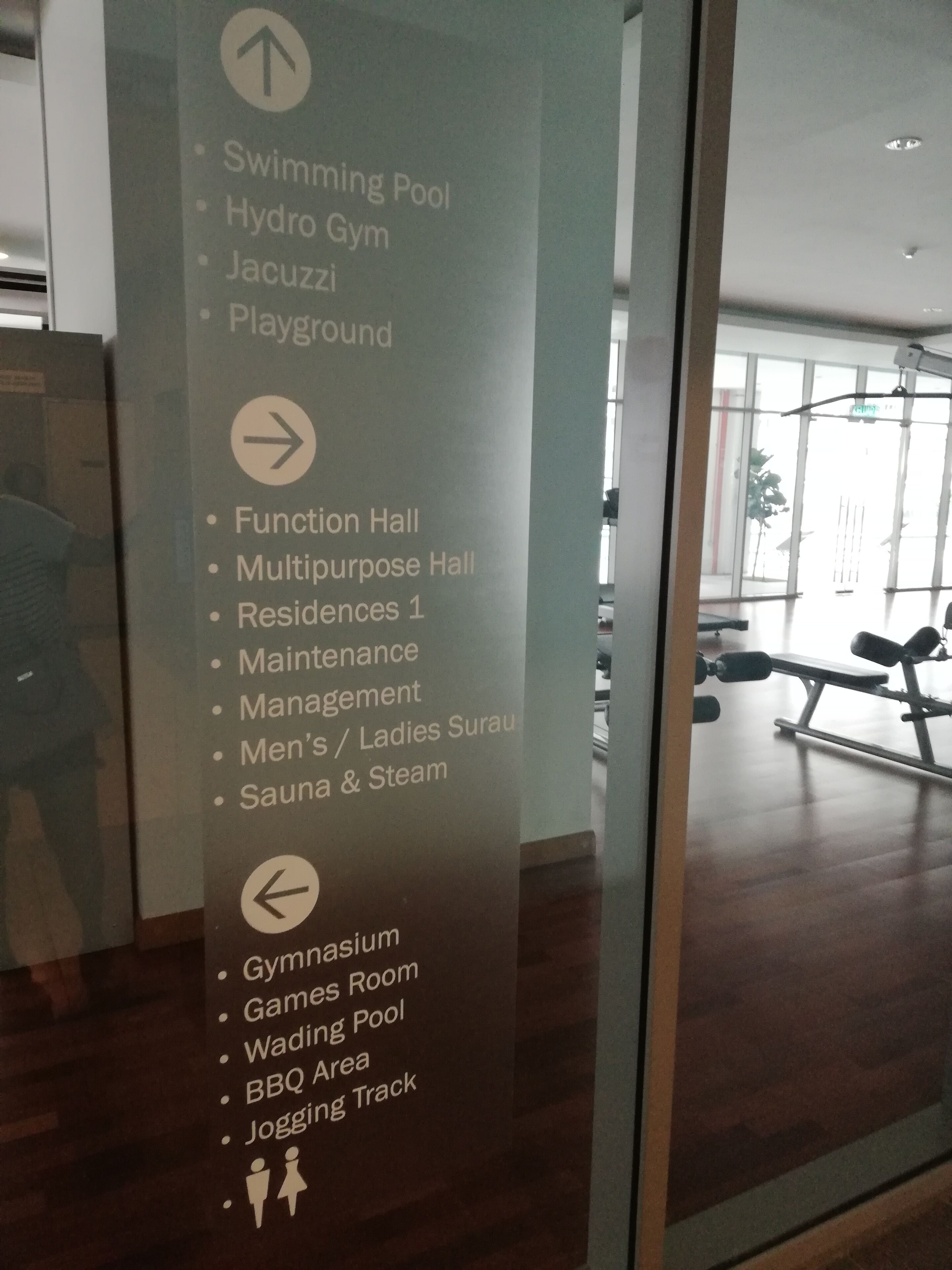 A sign listing various amenities including a swimming pool, hydro gym, jacuzzi, playground, function hall, multipurpose hall, residences, maintenance, management, men's and ladies sauna, and steam room.